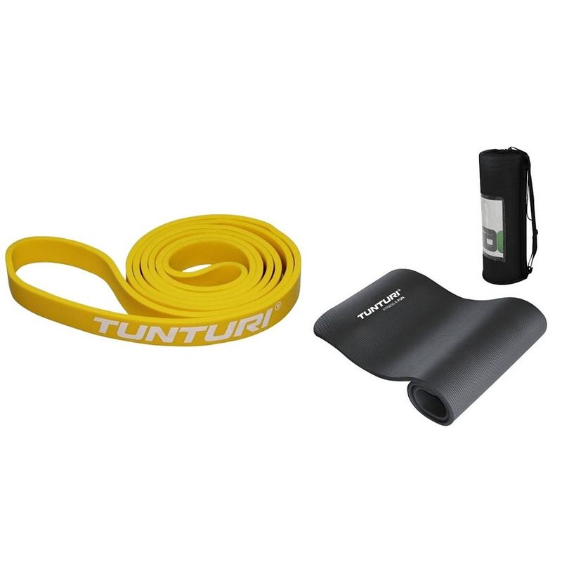 Foto van Tunturi - fitness set - weerstandsband geel - light - fitnessmat 180 cm x 60 cm x 1,5 cm