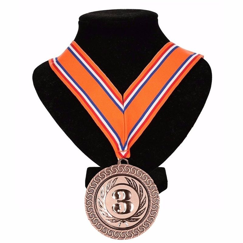 Foto van Kampioensmedaille nr. 3 aan oranje/rood/wit/blauw lint - fopartikelen