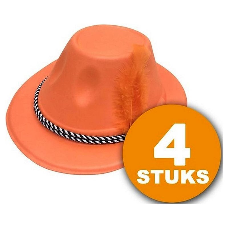 Foto van Oranje feesthoed 4 stuks oranje hoed met veer feestartikelen oranje hoofddeksel feestkleding ek/wk voetbal