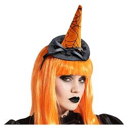 Foto van Halloween heksenhoed - mini hoedje op diadeem - one size - zwart/oranje - meisjes/dames - verkleedhoofddeksels