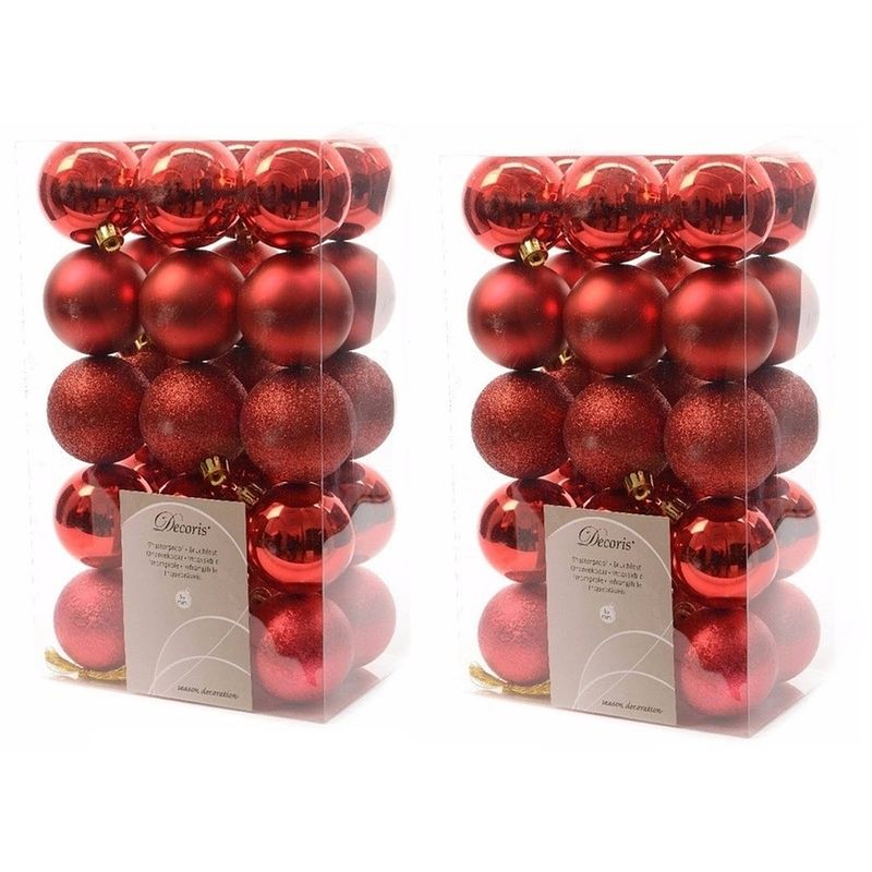 Foto van 60x kunststof kerstballen mix kerst rood 6 cm kerstboom versiering/decoratie - kerstbal