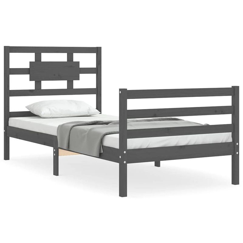 Foto van The living store bedframe massief grenenhout - grijs - 205.5 x 105.5 x 100 cm - multiplex lattenbodem