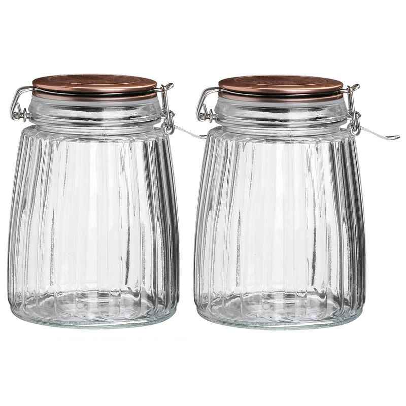 Foto van Urban living voorraadpot/bewaarpot - 2x - 1,5l - glas - met beugelsluiting - koperen deksel - voorraadpot