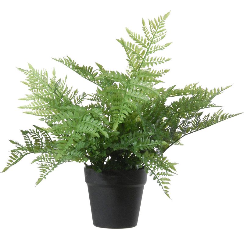 Foto van Groene bosvaren kunstplant in zwarte kunststof pot 43 cm - dryopteris remota - woondecoratie