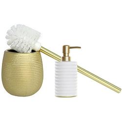 Foto van Toiletborstel met houder - zeeppompje 300 ml - polystone - wit/goud - badkameraccessoireset