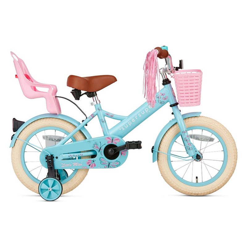 Foto van Supersuper meisjesfiets little miss 14 inch 21,5 cm meisjes terugtraprem turquoise/roze