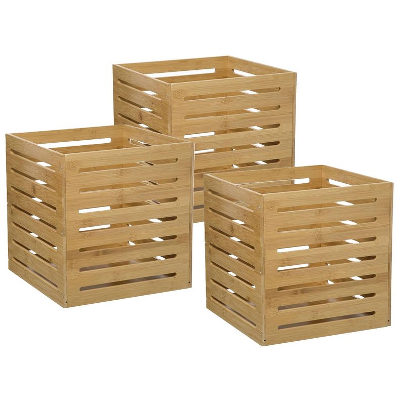 Foto van 5five fruitkisten opslagbox - 3x - open structuur - lichtbruin - hout - l31 x b31 x h31 cm - opbergkisten