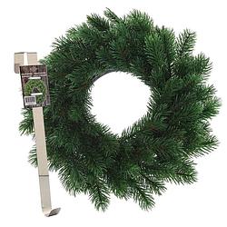 Foto van Kerstkrans 35 cm - groen - met messing zilveren hanger/ophanghaak - kerstversiering - kerstkransen