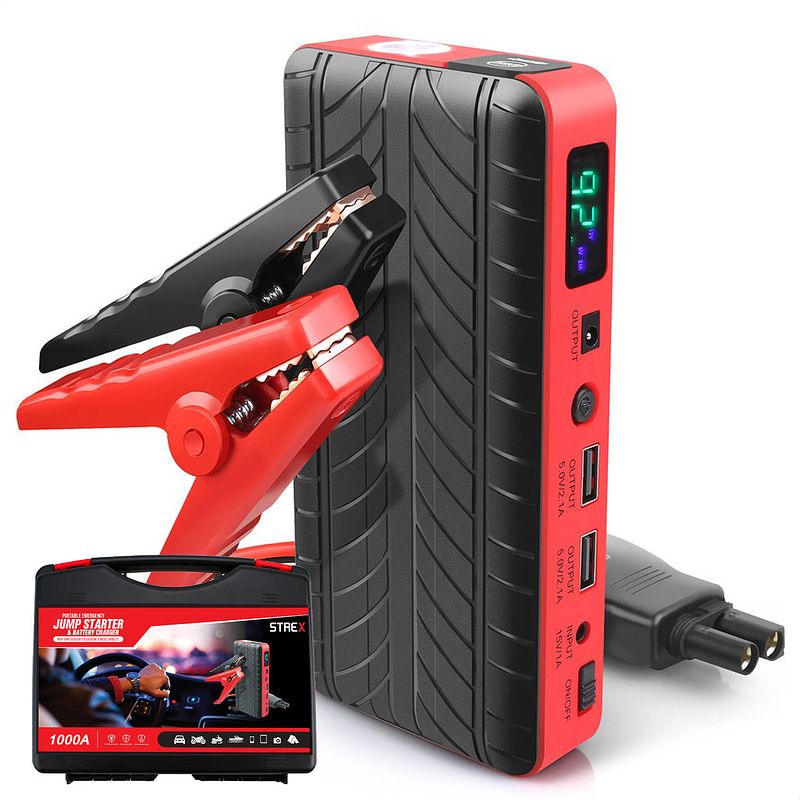 Foto van Strex 12v jump starter voor auto - 1000a / 18.000 mah - 4-in-1 starthulp met powerbank, led zaklamp en sos noodlicht -