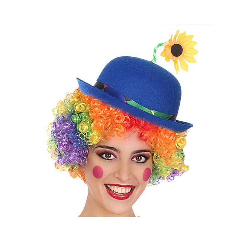 Foto van Verkleed bolhoed/clownshoedje voor volwassenen blauw met bloem - verkleedhoofddeksels