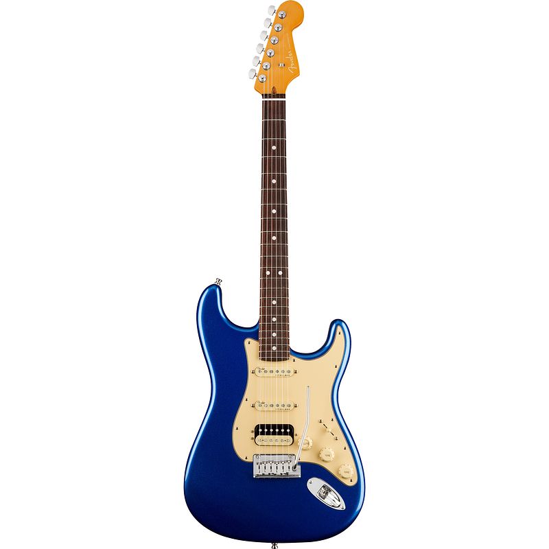 Foto van Fender american ultra stratocaster hss cobra blue rw met koffer