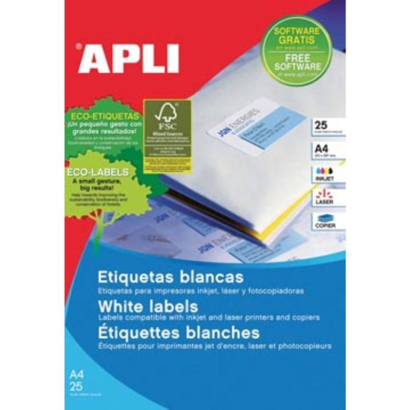 Foto van Apli afneembare witte etiketten ft 35,6 x 16,9 mm (b x h), 2.000 stuks, 80 per blad etui van 25 blad