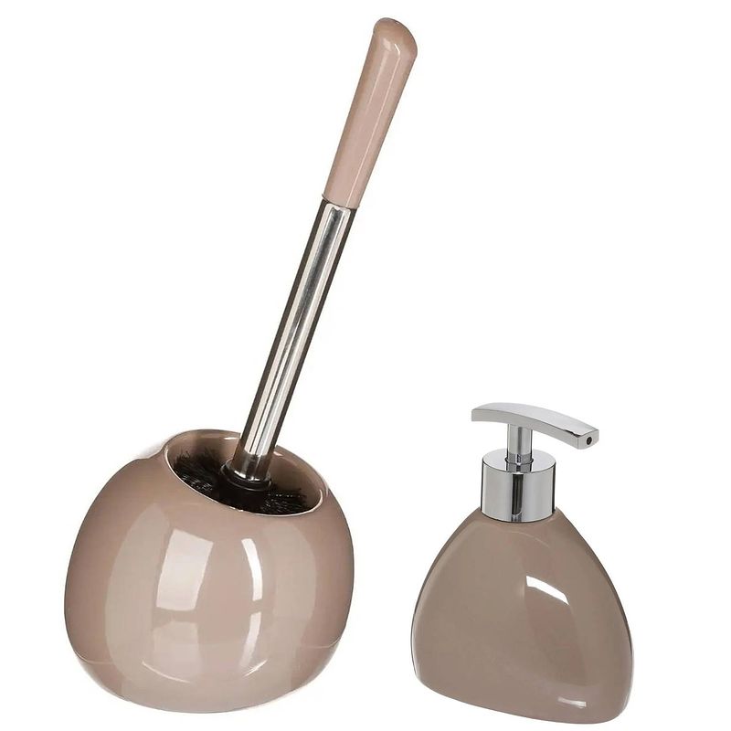 Foto van Wc-/toiletborstel en houder - taupe/beige - met zeeppompje 300 ml - badkameraccessoireset