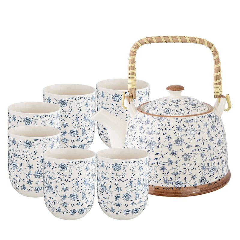 Foto van Haes deco - chinese thee set - theepot met 6 kleine kopjes - porselein - kleine blauwe bloemen