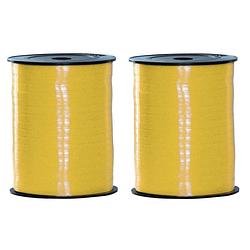 Foto van 2x rollen geel cadeau sier lint 500 meter x 5 milimeter breed - cadeaulinten