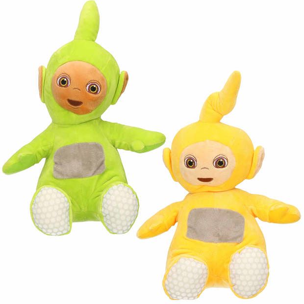 Foto van Set van 2x pluche teletubbies speelgoed knuffels dipsy en laa-laa 34 cm - knuffelpop