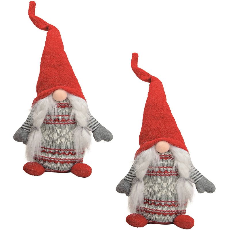 Foto van 2x stuks pluche gnome/dwerg decoratie poppen/knuffels rood/grijs vrouwtje 45 x 14 cm - kerstman pop