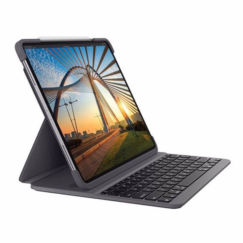 Foto van Logitech slim folio pro apple ipad pro 12,9 inch (2018) toetsenbord hoes qwerty grijs