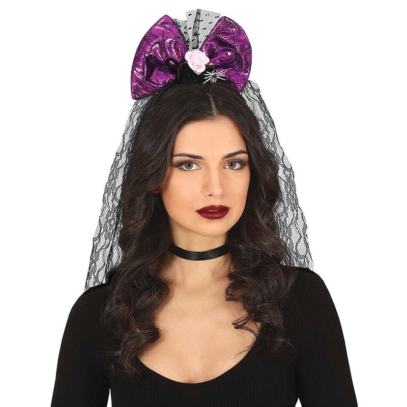 Foto van Halloween thema diadeem met strik en sluier - one size - zwart/paars - meisjes/dames - verkleedhoofddeksels