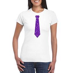 Foto van Toppers wit fun t-shirt stropdas met paarse glitters dames xl - feestshirts