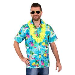 Foto van Hawaii shirt/blouse - verkleedkleding - heren - tropische bloemen - blauw 52 (l) - carnavalsblouses