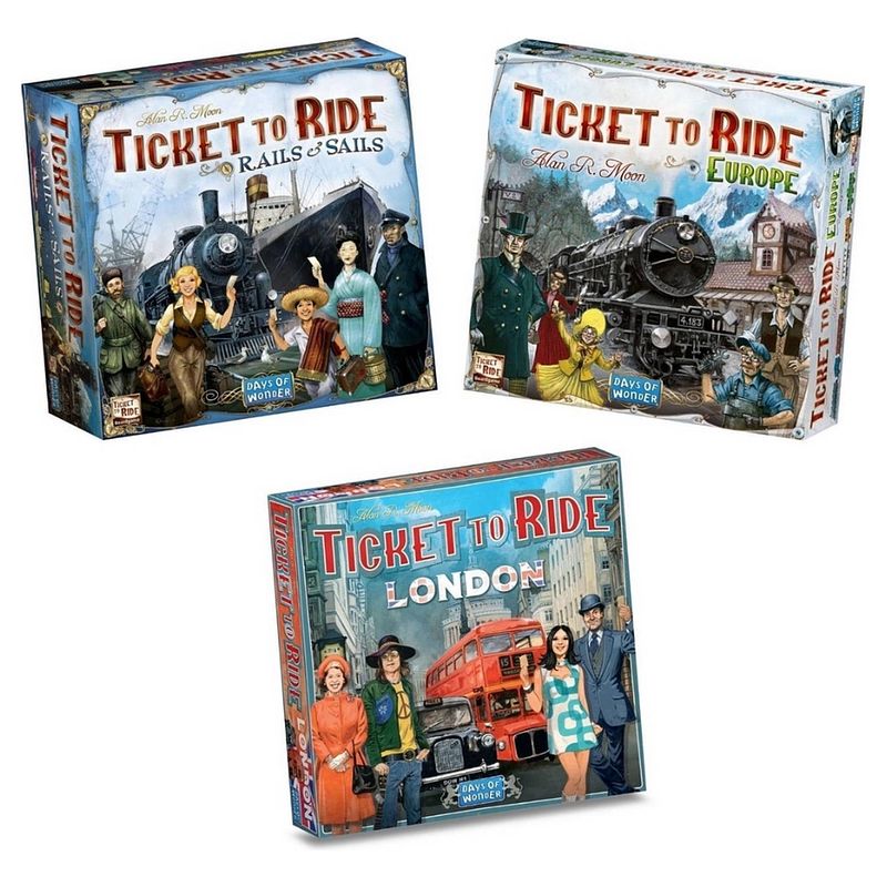 Foto van Spellenbundel - ticket to ride - 3 stuks - basisspellen rails and sails en europa & uitbreiding londen