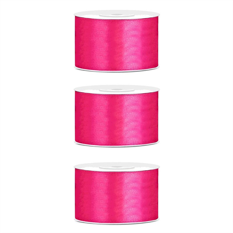 Foto van 3x hobby/decoratie donker roze satijnen sierlinten 3,8 cm/38 mm x 25 meter - cadeaulinten