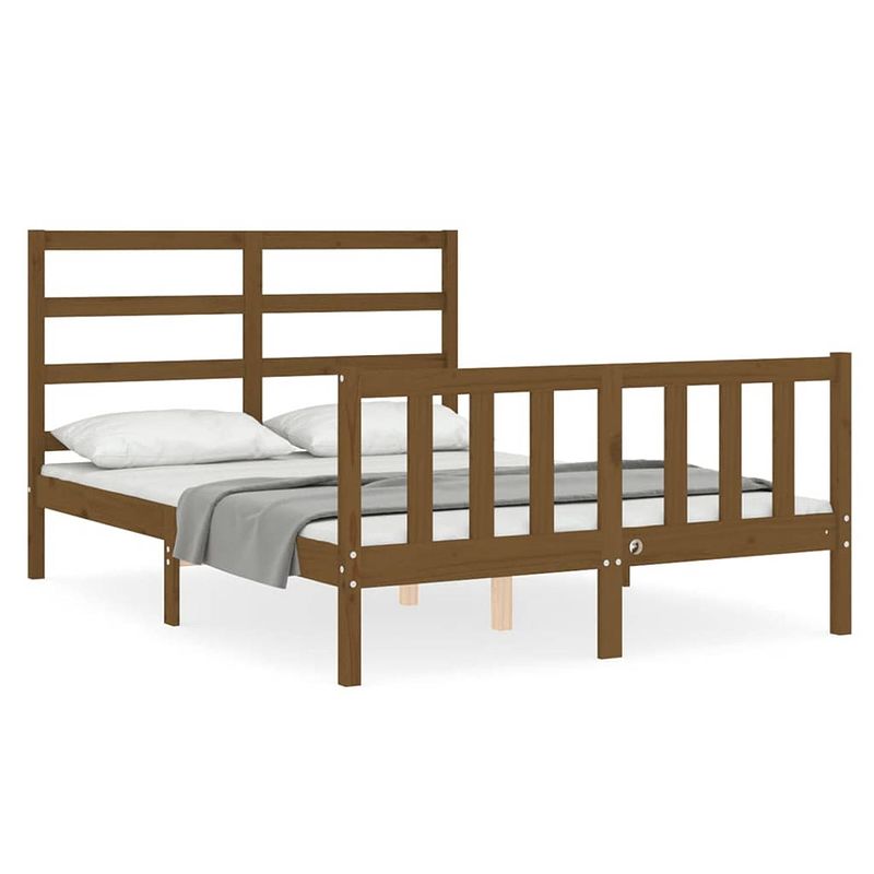 Foto van The living store massief grenenhouten bedframe - 205.5 x 145.5 x 100 cm - honingbruin - multiplex lattenbodem