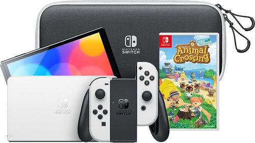 Foto van Nintendo switch oled wit + animal crossing new horizons + hoesje