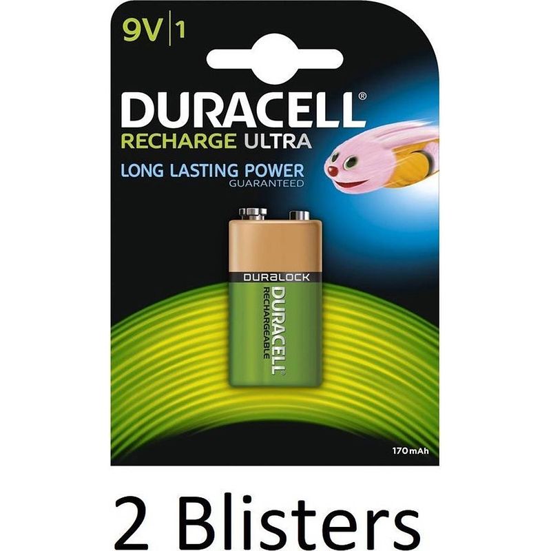 Foto van 2 blisters (2 blisters a 1 st) duracell 9v oplaadbare batterij - 170 mah