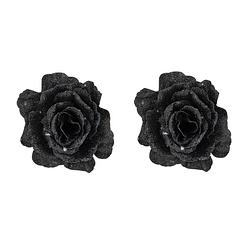 Foto van 2x stuks decoratie bloemen roos zwart glitter op clip 10 cm - kersthangers