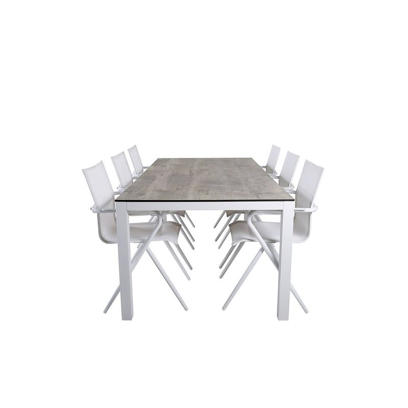 Foto van Llama tuinmeubelset tafel 100x205cm en 6 stoel alina wit, grijs, crèmekleur.