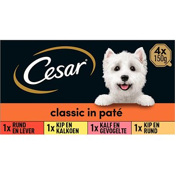 Foto van Cesar classics maaltijdkuipjes vlees & gevogelte selectie hondenvoer 4 x 150g bij jumbo