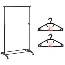 Foto van Kledingrek met kleding hangers - enkele stang - kunststof - zwart - 80 x 42 x 160 cm - kledingrekken