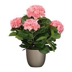 Foto van Hortensia kunstplant/kunstbloemen 45 cm - roze - in pot taupe mat - kunstplanten