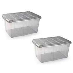 Foto van 2x opslagbakken/organizers met deksel 60 liter 63 x 46 x 32 transparant/grijs - opbergbox