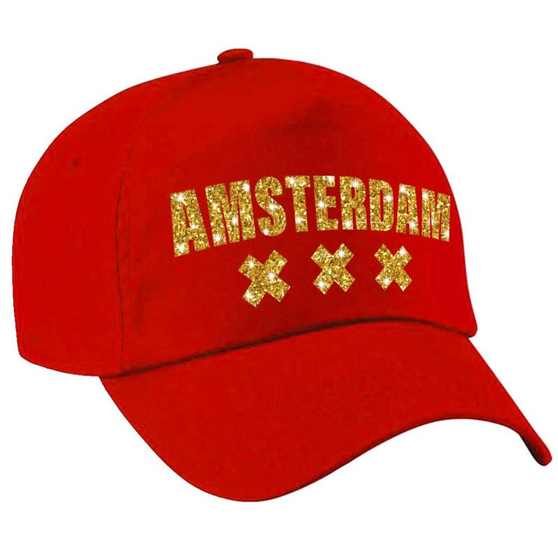 Foto van Amsterdam pet / cap rood met gouden letters voor dames en heren - verkleedhoofddeksels