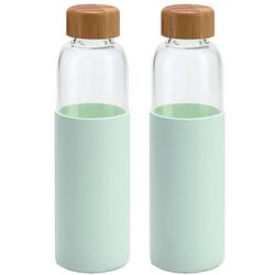 Foto van 2x stuks glazen waterfles/drinkfles met mint groene siliconen bescherm hoes 600 ml - drinkflessen