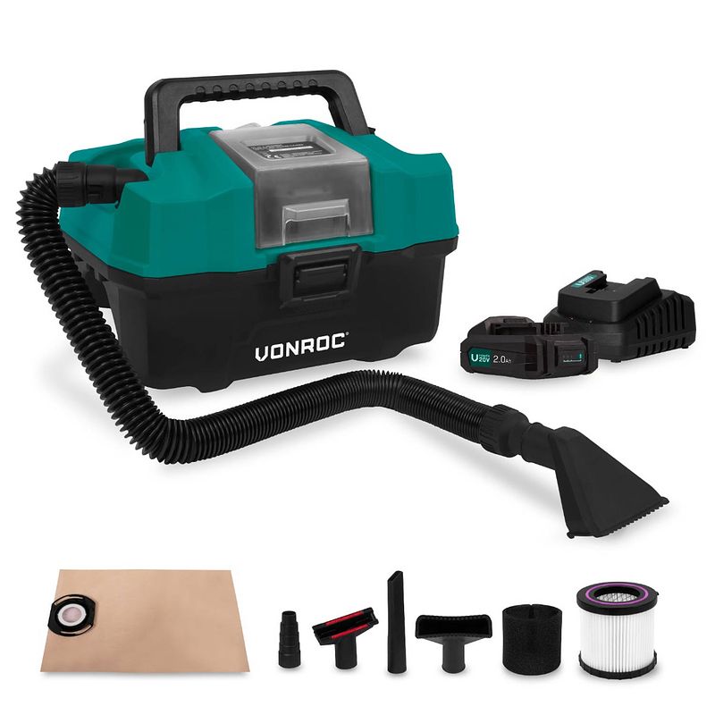 Foto van Vonroc compacte alleszuiger - 20v - incl. diverse accessoires, 2x 2.0ah accu en snellader