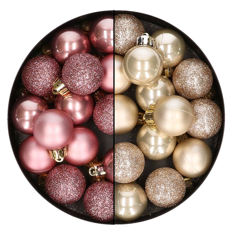 Foto van 28x stuks kleine kunststof kerstballen champagne en oudroze 3 cm - kerstbal