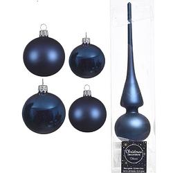 Foto van Glazen kerstballen pakket donkerblauw glans/mat 38x stuks 4 en 6 cm met piek mat - kerstbal