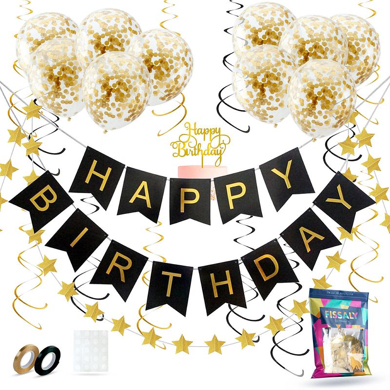 Foto van Fissaly® verjaardag slinger zwart & goud met papieren confetti ballonnen - decoratie - happy birthday