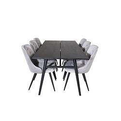 Foto van Sleek eethoek eetkamertafel uitschuifbare tafel lengte cm 195 / 280 zwart en 6 velvet deluxe eetkamerstal velours