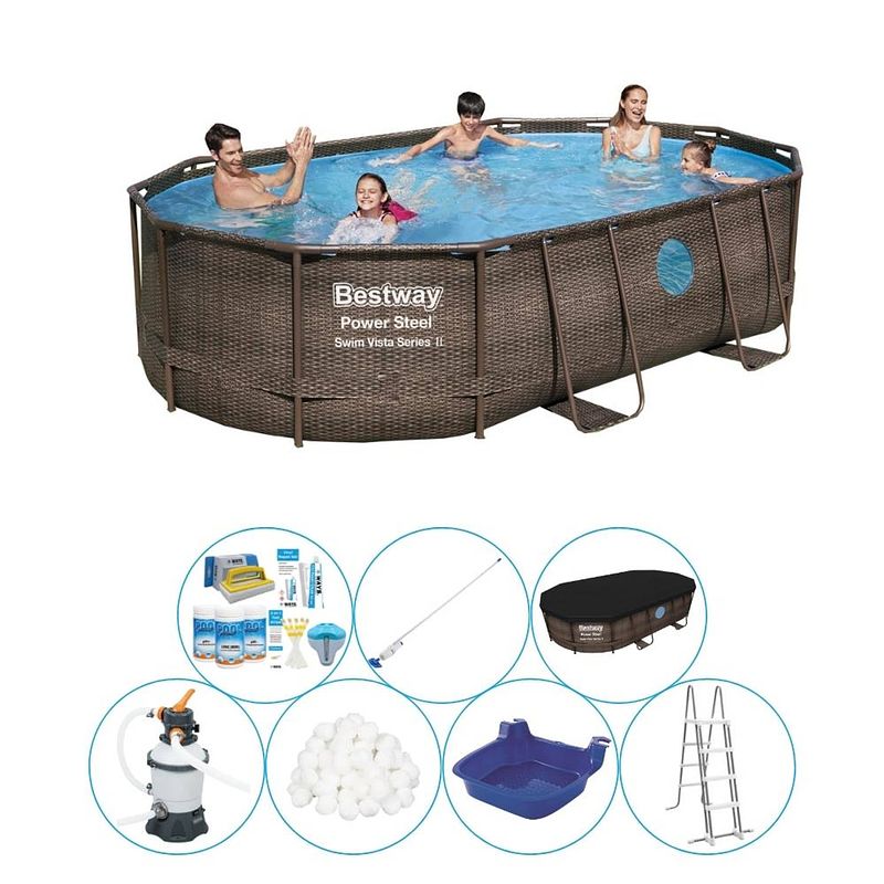 Foto van Bestway power steel swim vista ovaal 488x305x107 cm - zwembad combi deal