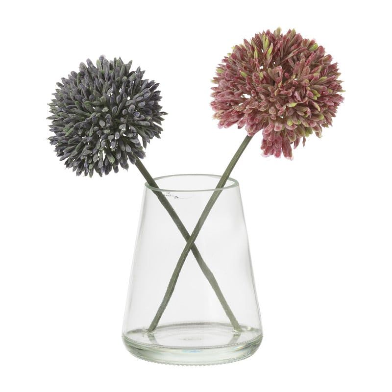 Foto van Glazen vaasje met allium bloem - roze/paars - 18x14x8 cm