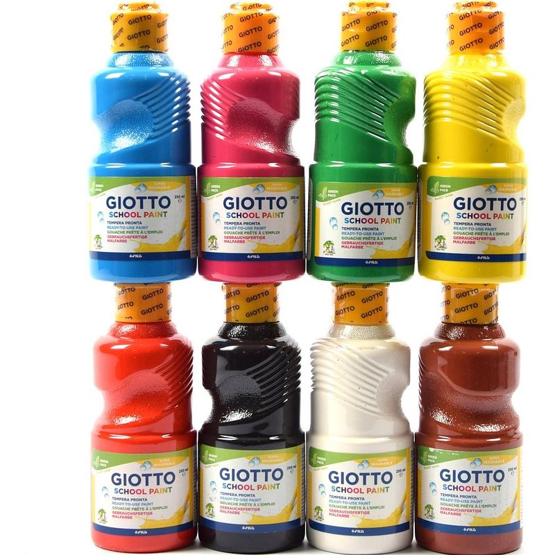 Foto van Tempera verf 250 ml - 8 stuks - blauw - geel - groen - rood - wit - zwart - roze bruin set van 8x acrylverf temperaverf