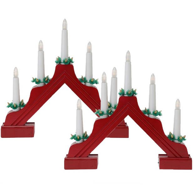 Foto van Kaarsenbruggen - 2x stuks - led verlichting - rood - 31,5 cm - kunststof - kerstverlichting figuur