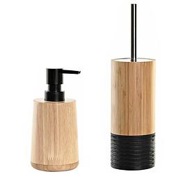 Foto van Toiletborstel met houder 38 cm en zeeppompje 290 ml bamboe/metaal - toiletborstels