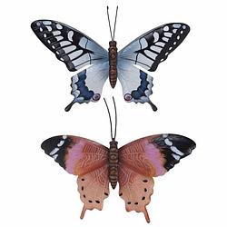 Foto van Set van 2x stuks tuindecoratie muur/wand vlinders van metaal in bruin en blauw tinten 44 x 31 cm - tuinbeelden
