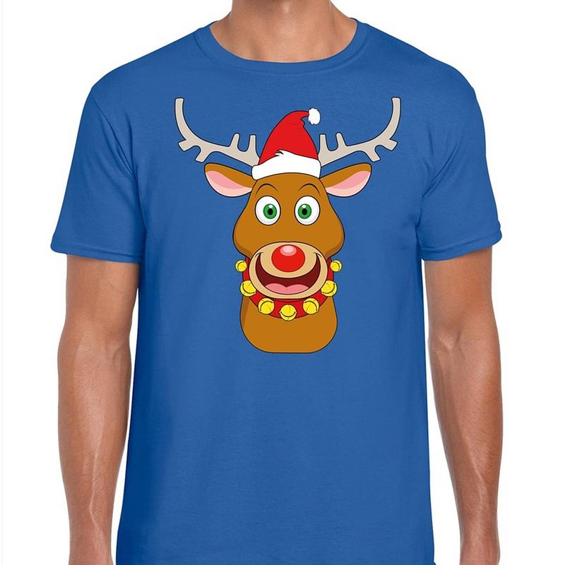 Foto van Foute kerst t-shirt rendier rudolf rode kerstmuts blauw heren l